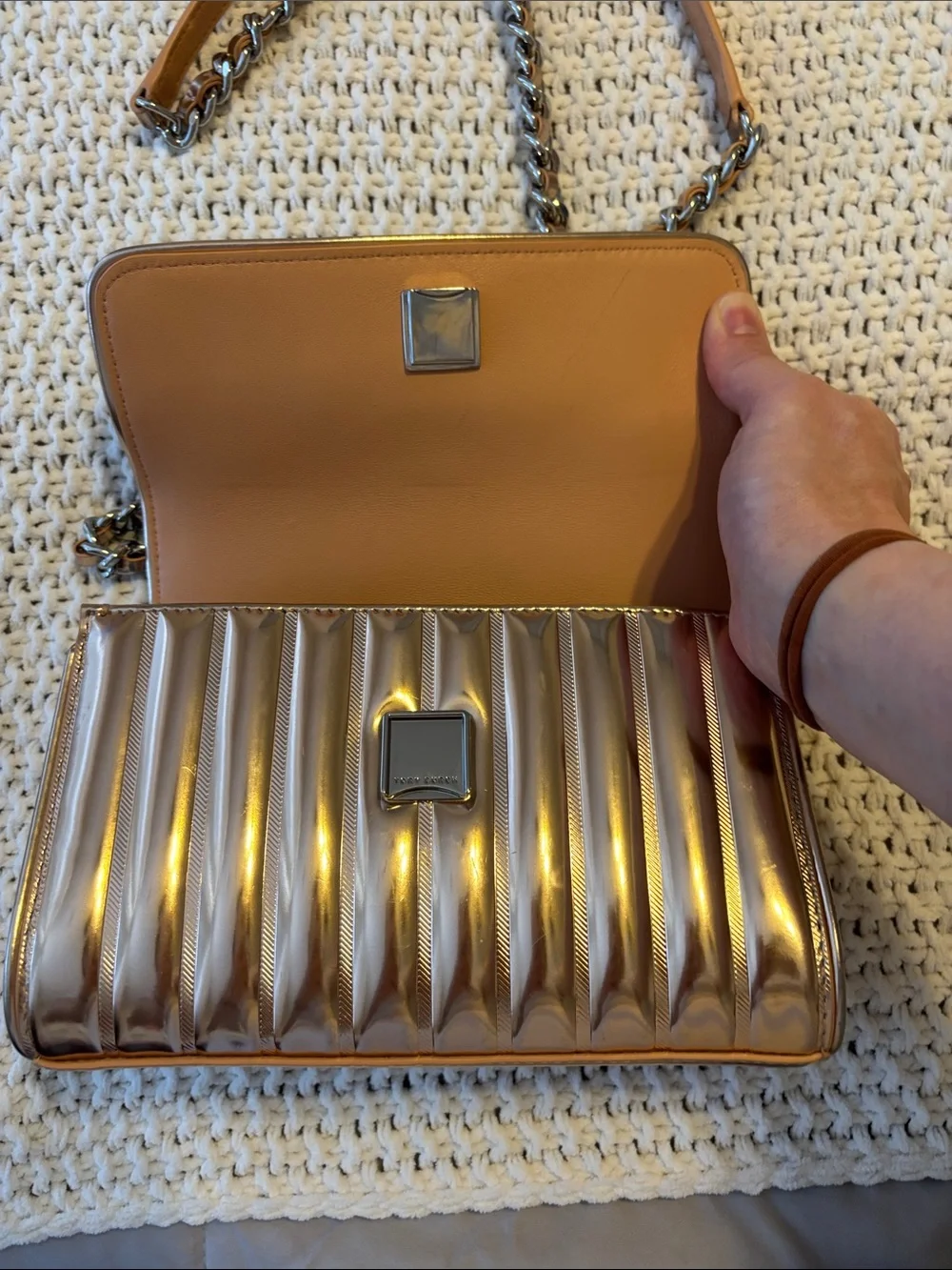 Tory Burch Fleming Rose Gold Metallic Quilted Crossbody Bag with Chain Strap